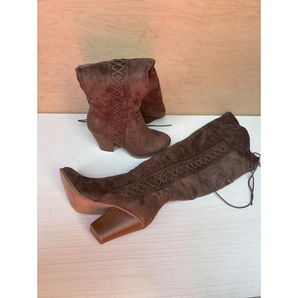 Knee High Heeled Boots Women's Size 7 Taupe Faux Suede Block Heel Lace Up Zip - Picture 14 of 14